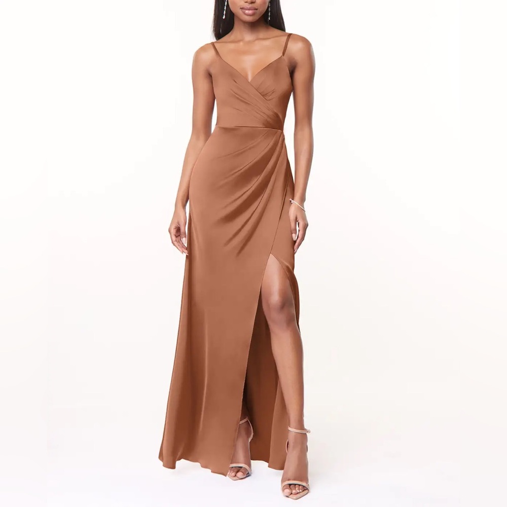 Azazie Maci A-Line V-Neck Pleated Satin Stretch Bridesmaid Dress | Size A2